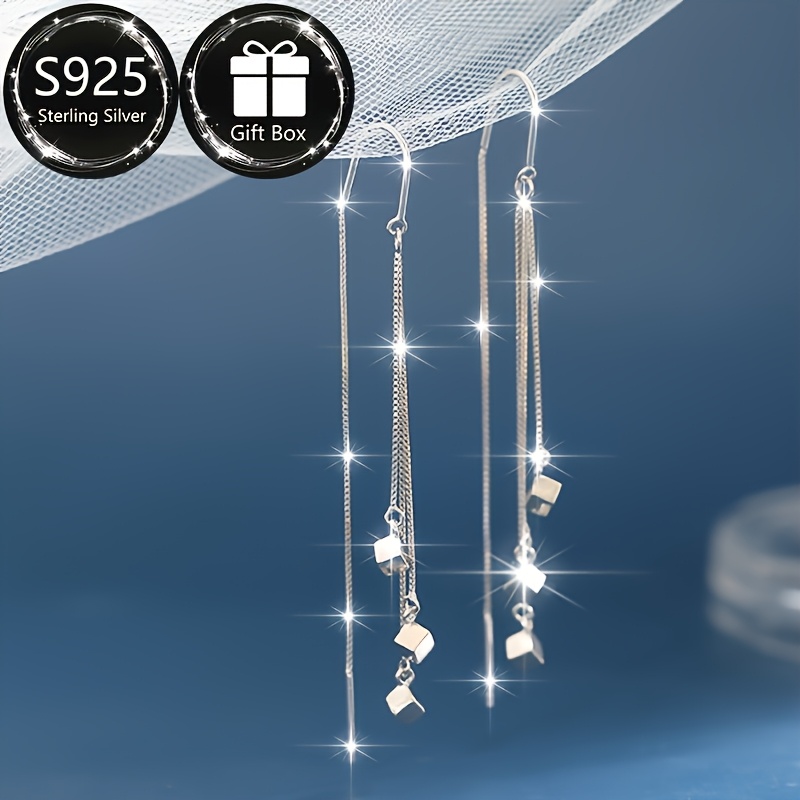 925 Silver Tassel Three Cube Drop Earrings for Women